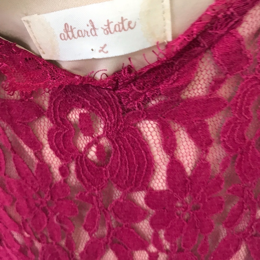 Altar'd State Buirgundy Lace Overlay Skater Dress-Size Large - Picture 3 of 4